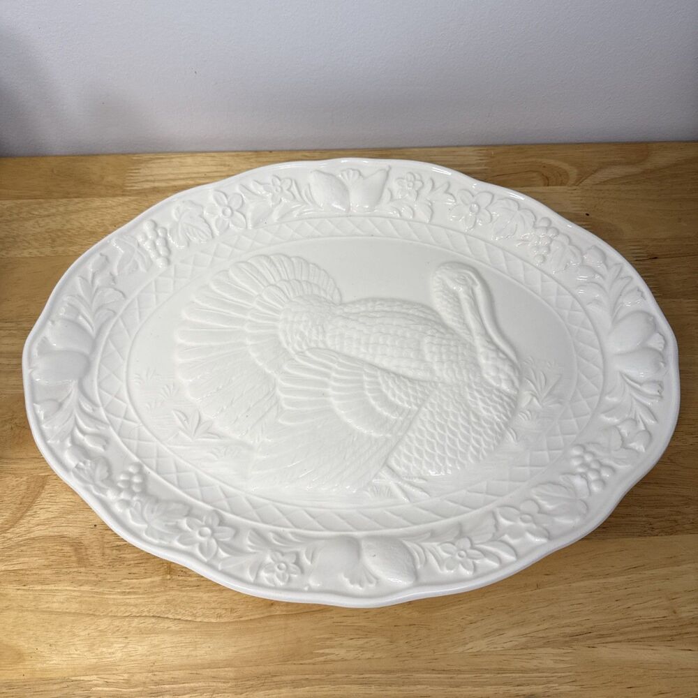White Embossed Ceramic Turkey Platter Oval 18” x 14” Japan Bountiful